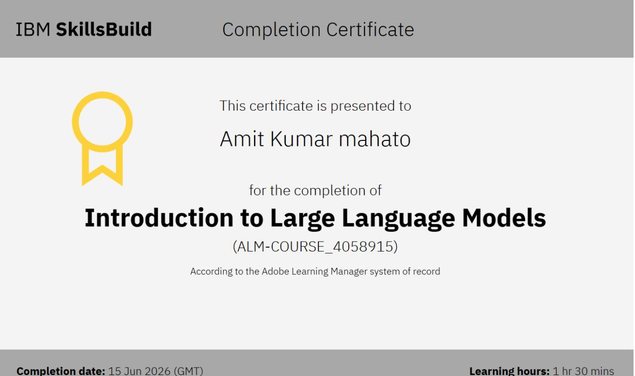 Introduction to Large Language Models certificate preview