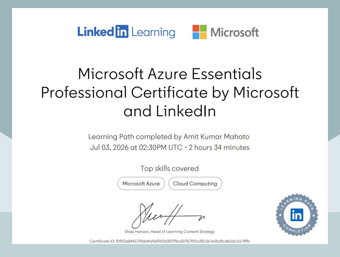 Microsoft Azure Essentials Professional Certificate certificate preview